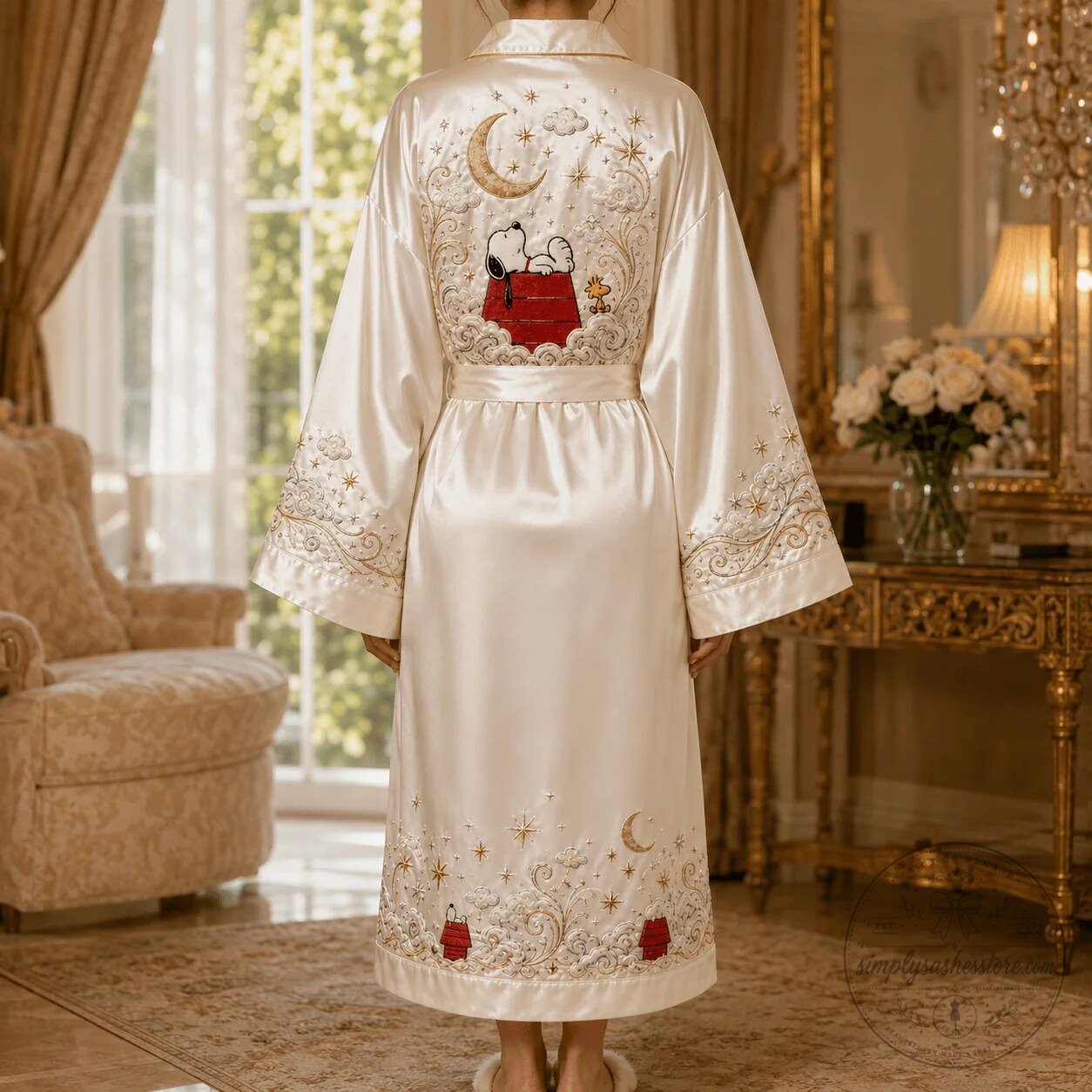 Snoopy Sleeping on Doghouse Moon and Stars Embroidered Satin Robe 9 Snoopy Sleeping on Doghouse Moon and Stars Embroidered Satin Robe