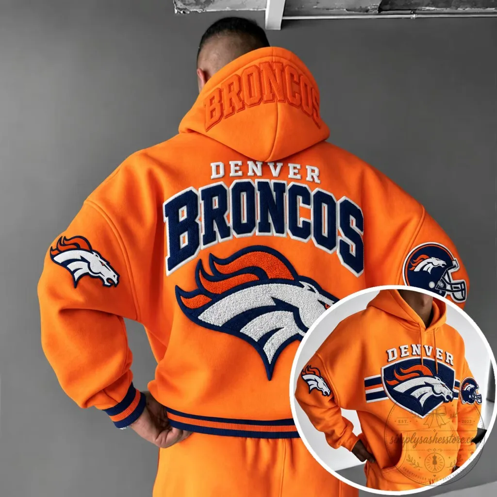 Denver Broncos Football Team Logo Orange and Blue Embroidered Hoodie Denver Broncos Football Team Logo Orange and Blue Embroidered Hoodie