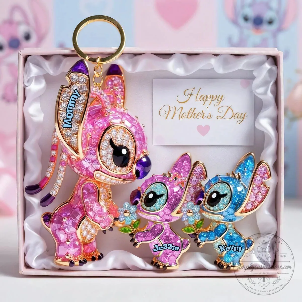 Stitch and Angel Mother's Day Personalized Keychain with Kids Names