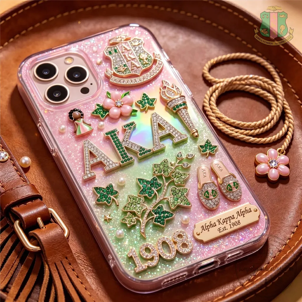 Alpha Kappa Alpha Sorority Pink Glitter Phone Case with Ivy and Pearls Alpha Kappa Alpha Sorority Pink Glitter Phone Case with Ivy and Pearls