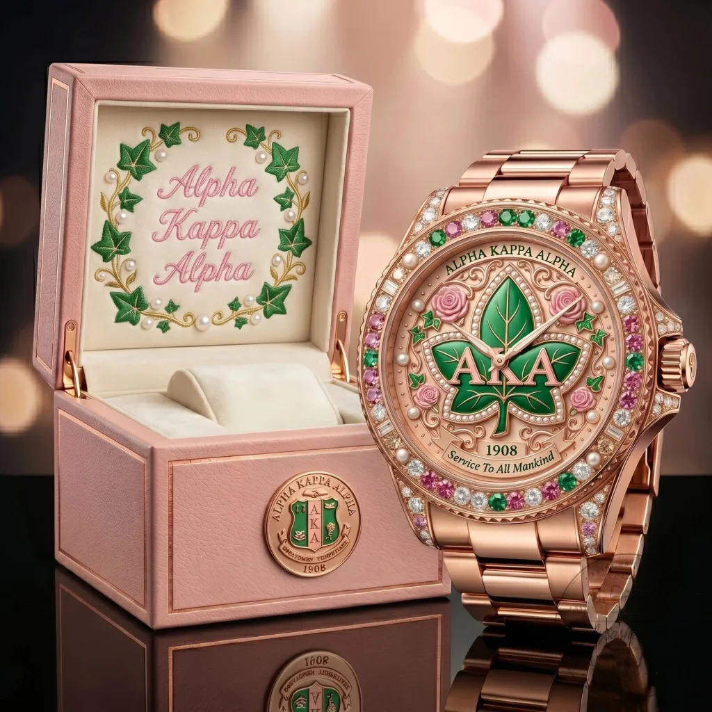 Alpha Kappa Alpha Sorority Rose Gold Watch with Pink and Green Jewels Alpha Kappa Alpha Sorority Rose Gold Watch with Pink and Green Jewels