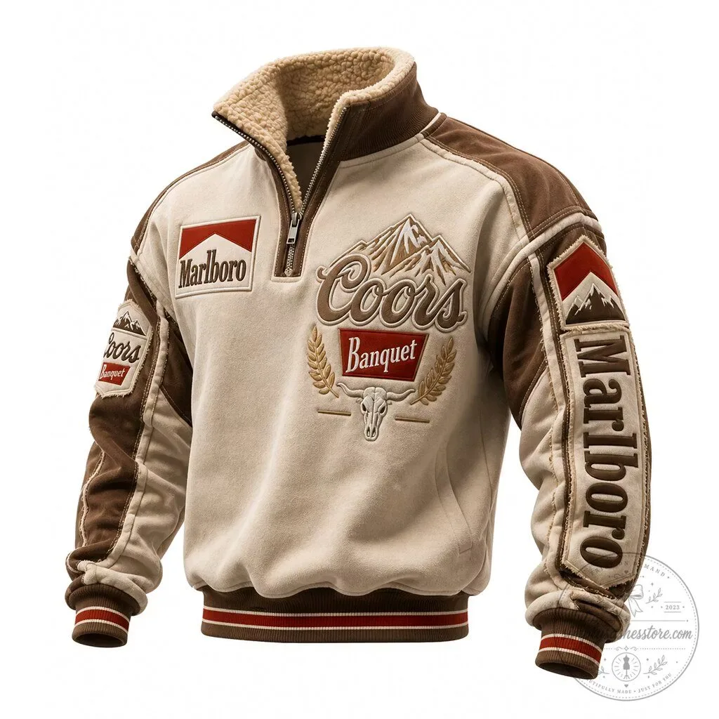 Marlboro Coors Banquet Beer Vintage Western Style Sherpa Lined Quarter Zip Jacket