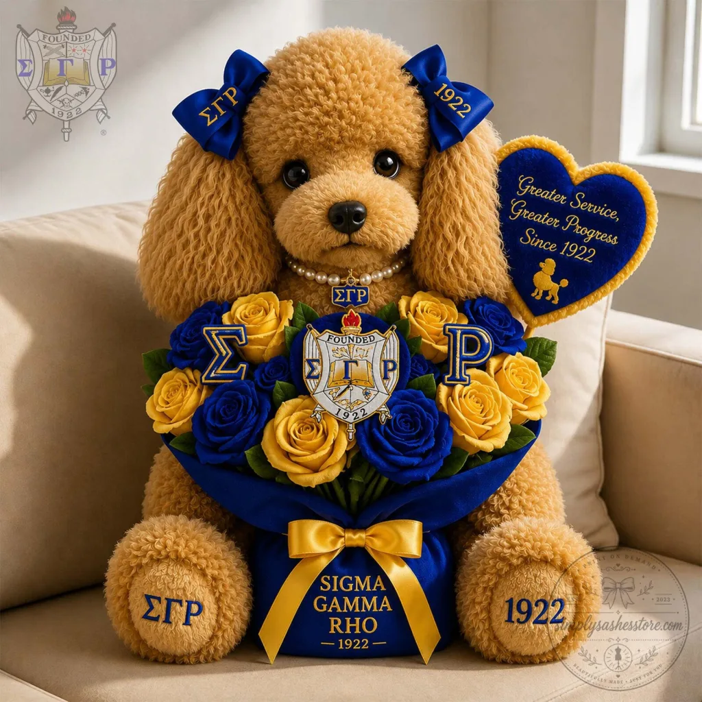 Sigma Gamma Rho Plush Dog with Blue and Gold Rose Bouquet Sigma Gamma Rho Plush Dog with Blue and Gold Rose Bouquet