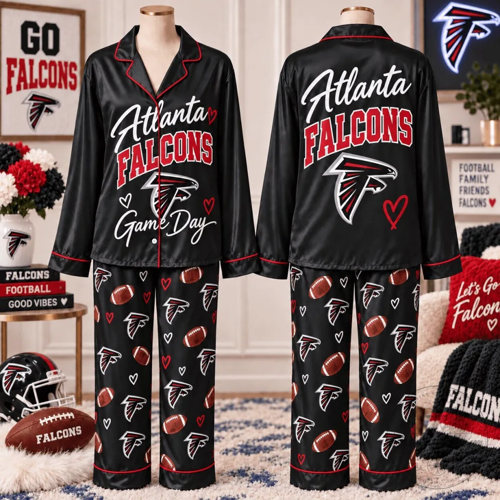 Atlanta Falcons Game Day Football Team Black Satin Pajamas Set Atlanta Falcons Game Day Football Team Black Satin Pajamas Set