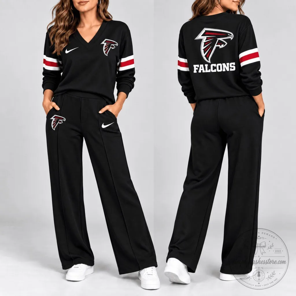 Atlanta Falcons Womens Black V-Neck Long Sleeve Sweatshirt and Pants Set Atlanta Falcons Womens Black V-Neck Long Sleeve Sweatshirt and Pants Set