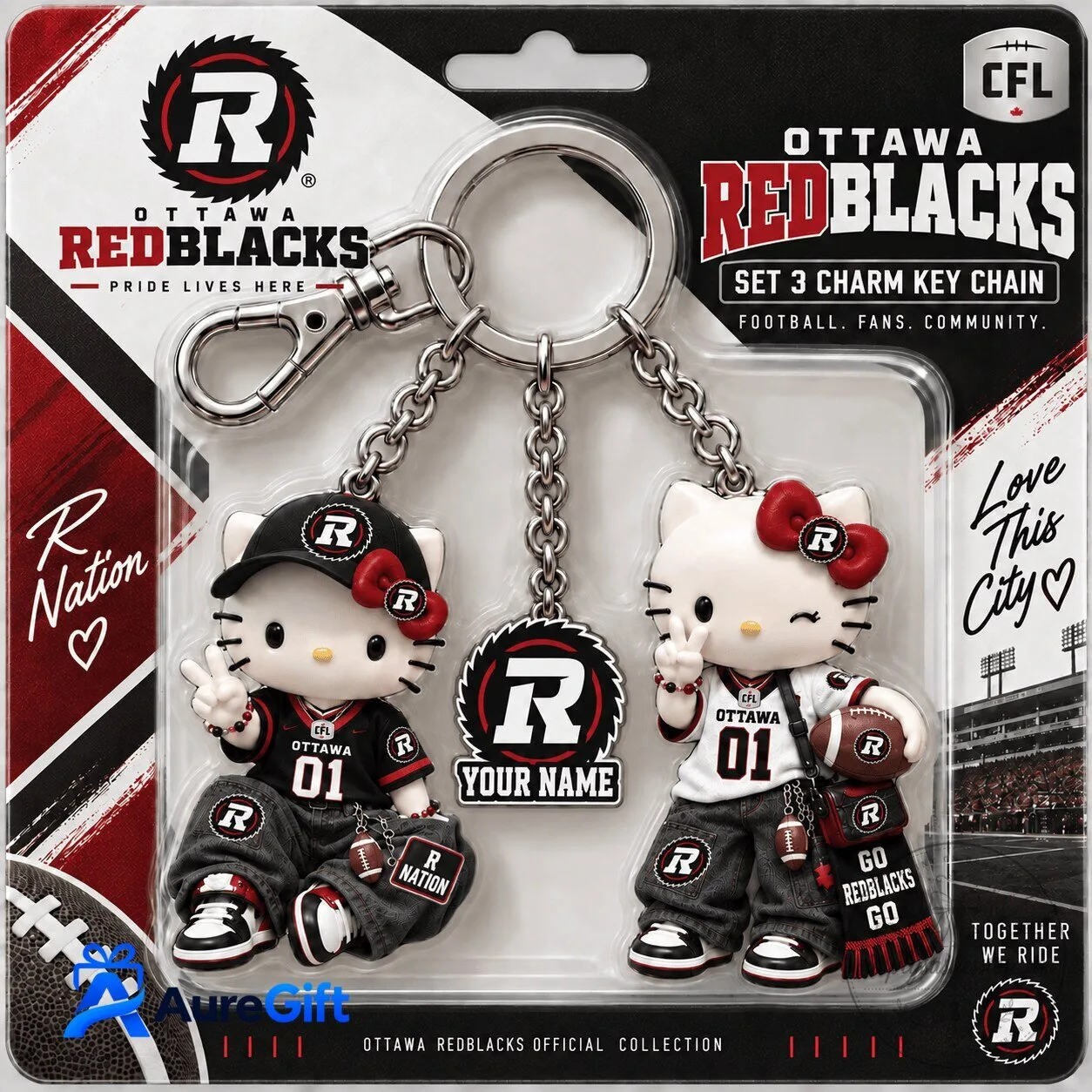 Ottawa Redblacks Hello Kitty Personalized Charm Keychain Set