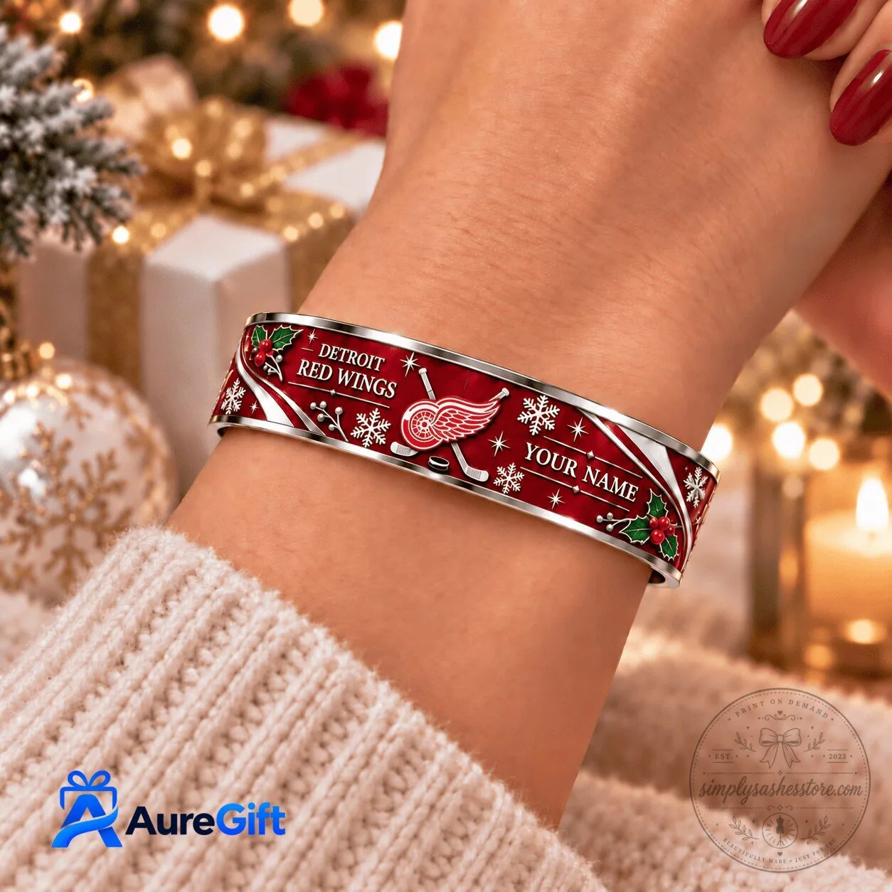 Detroit Red Wings Personalized Christmas Hockey Team Bracelet