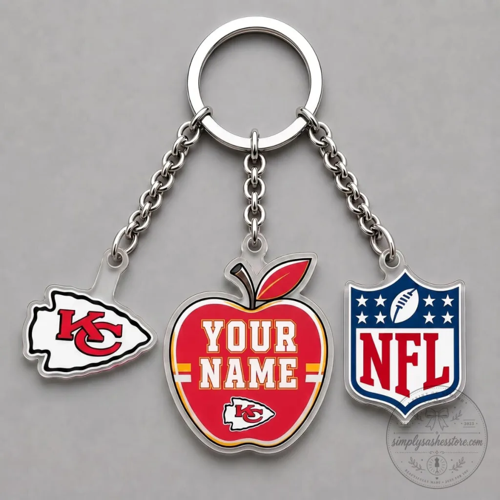 Personalized Kansas City Chiefs Football Apple Triple Charm Keychain Personalized Kansas City Chiefs Football Apple Triple Charm Keychain