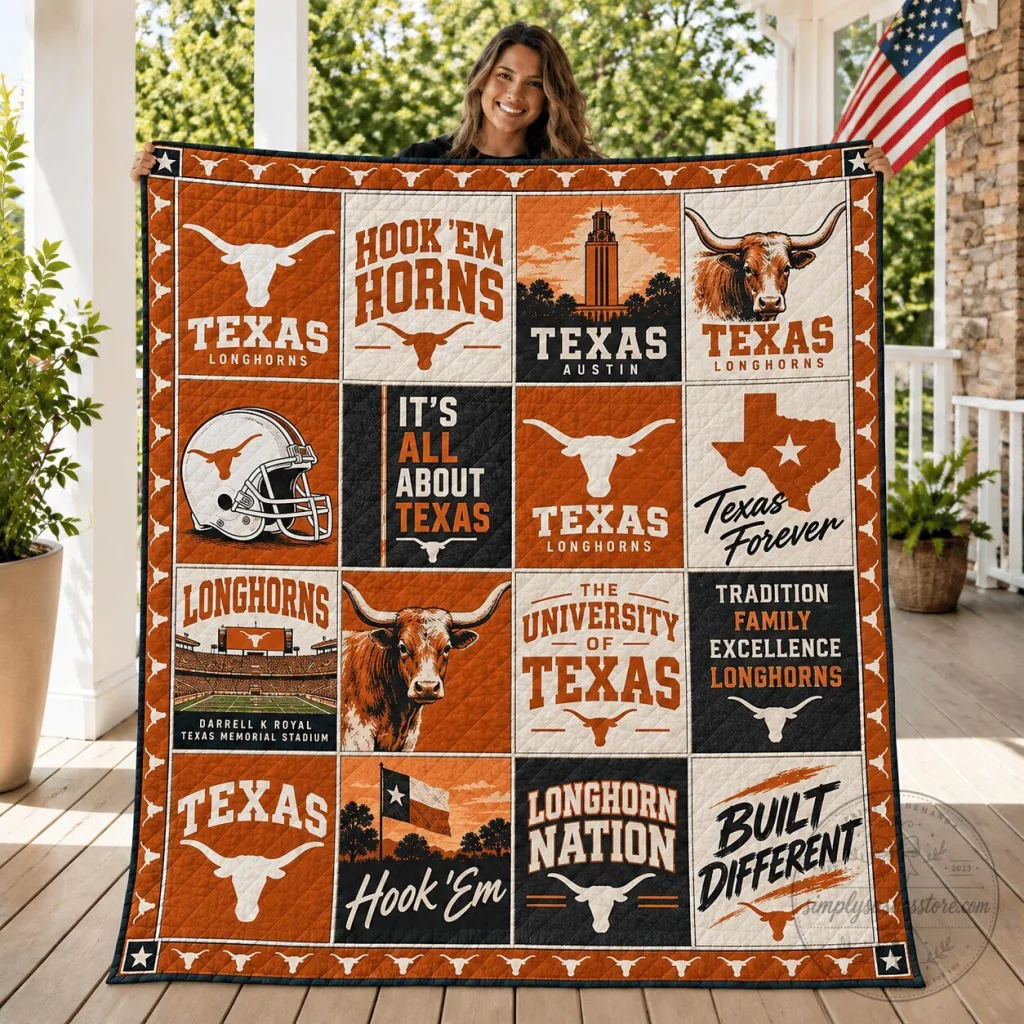 Texas Longhorns Football Team Quilted Blanket for University of Texas Fans Texas Longhorns Football Team Quilted Blanket for University of Texas Fans
