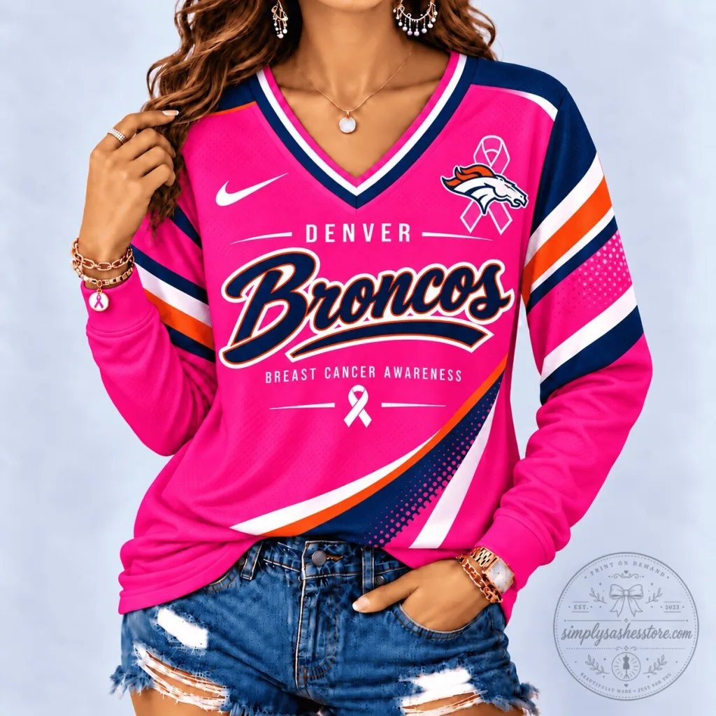 Denver Broncos Breast Cancer Awareness Pink Long Sleeve V-Neck Shirt Denver Broncos Breast Cancer Awareness Pink Long Sleeve V-Neck Shirt