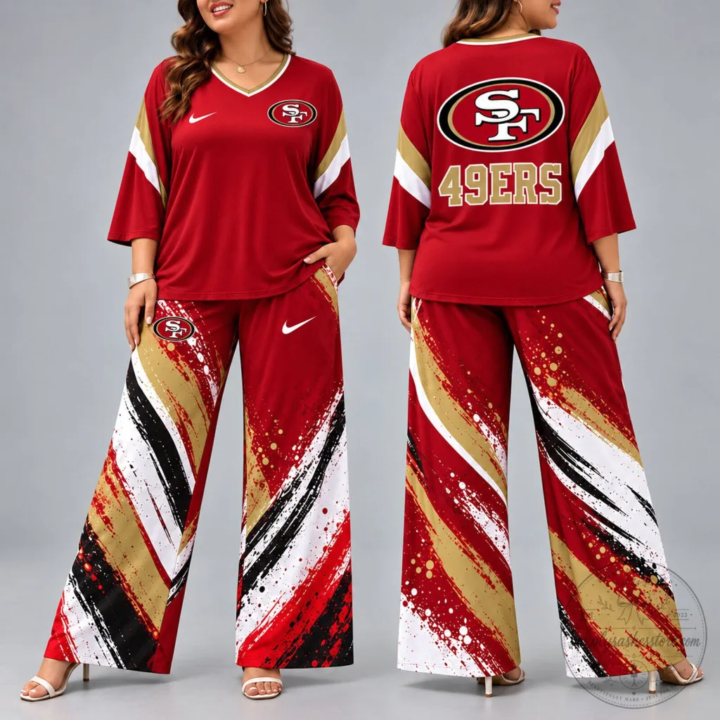 San Francisco 49ers Women's V-Neck Shirt and Wide Leg Pants Set San Francisco 49ers Women's V-Neck Shirt and Wide Leg Pants Set
