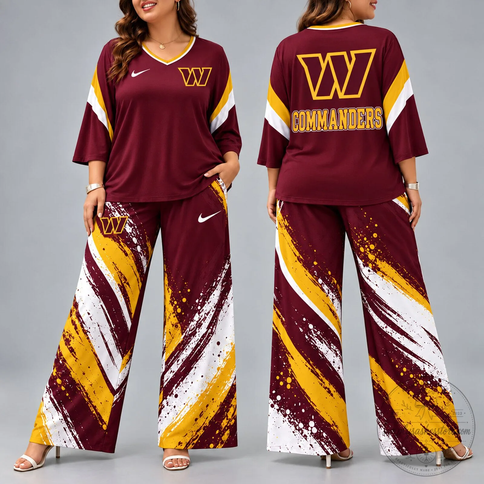 Washington Commanders V-Neck Shirt and Wide Leg Pants Set 7 Washington Commanders V-Neck Shirt and Wide Leg Pants Set