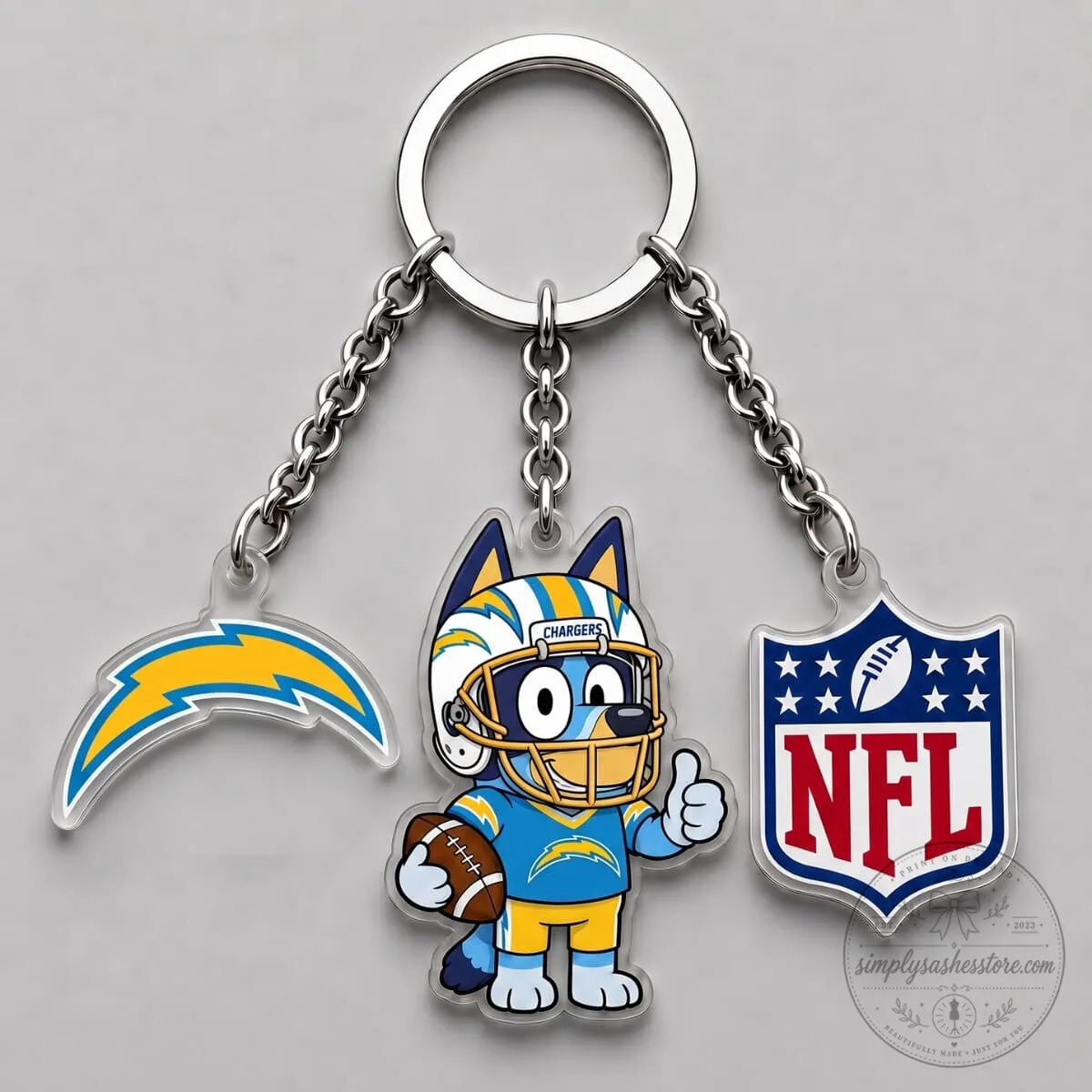 Los Angeles Chargers Bluey Football Character Triple Charm Keychain