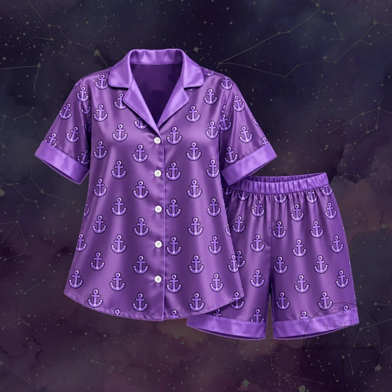 Purple Anchor Pattern Pastel Coquette Pajama Set