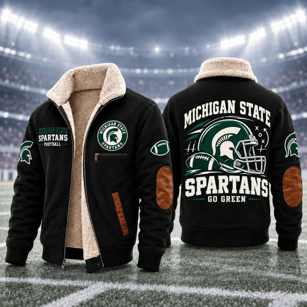 Michigan State Spartans Football Team Logo Sherpa Lined Winter Jacket Michigan State Spartans Football Team Logo Sherpa Lined Winter Jacket
