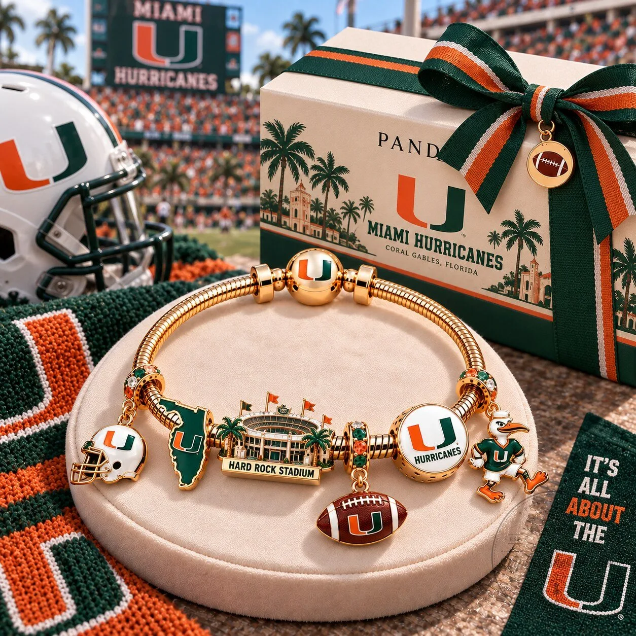 Miami Hurricanes Football Charm Bracelet with Hard Rock Stadium and Mascot Charms