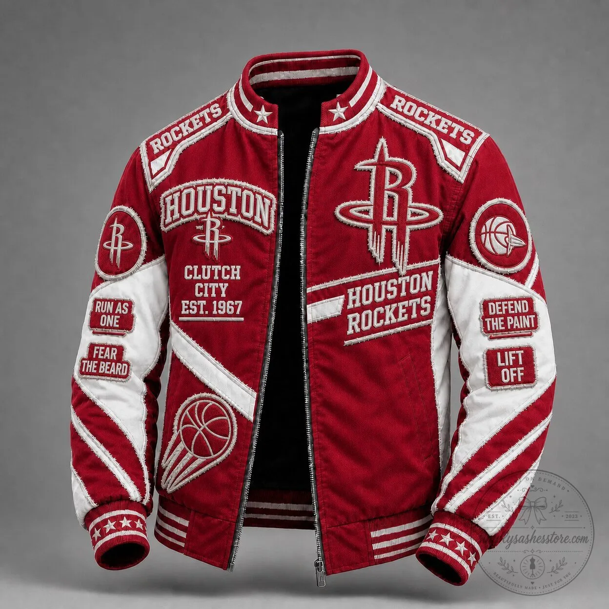 Houston Rockets Vintage Style Red and White Embroidered Bomber Jacket 1 Houston Rockets Vintage Style Red and White Embroidered Bomber Jacket