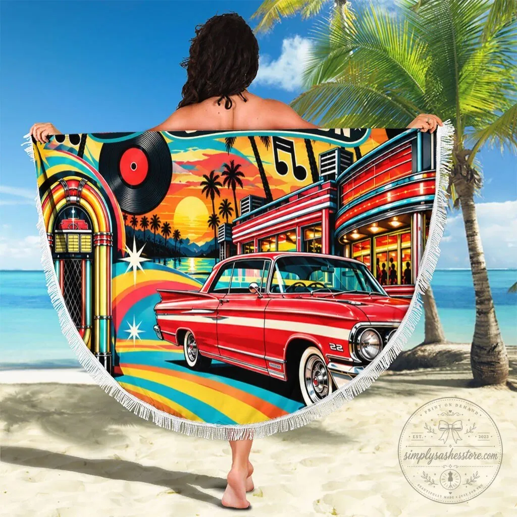 Baby Boomers Generation Vintage Car Diner Beach Blanket 10 Baby Boomers Generation Vintage Car Diner Beach Blanket