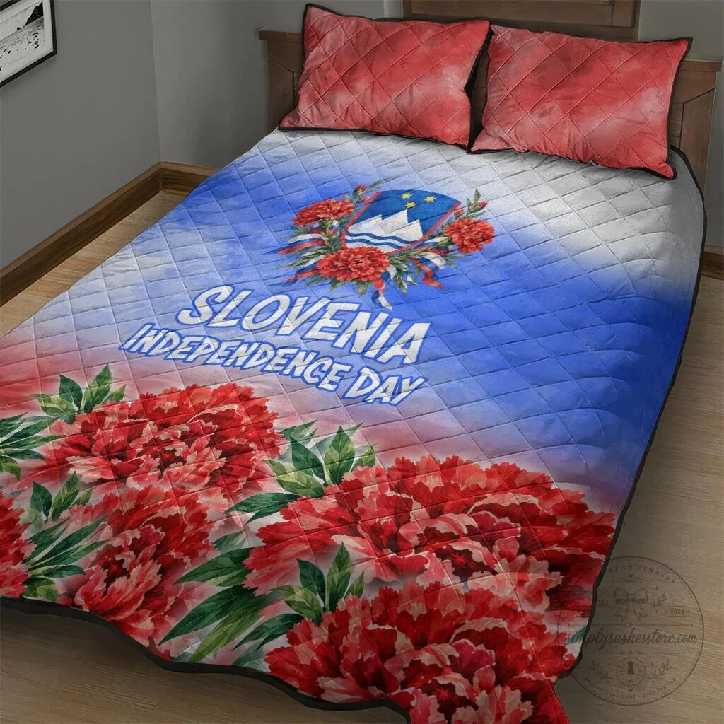 Slovenia Independence Day Quilt Bed Set with Red Carnation and Emblem 9 Slovenia Independence Day Quilt Bed Set with Red Carnation and Emblem