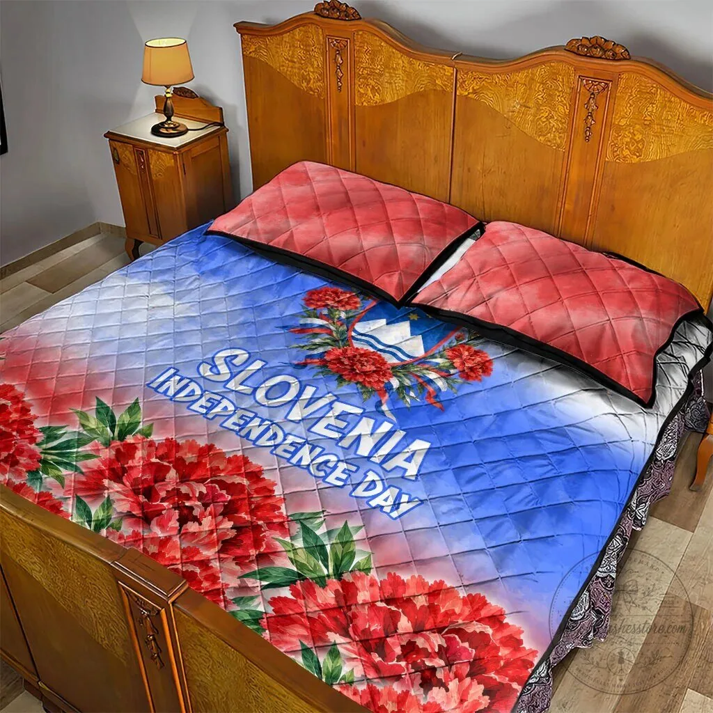 Slovenia Independence Day Quilt Bed Set with Red Carnation and Emblem 10 Slovenia Independence Day Quilt Bed Set with Red Carnation and Emblem
