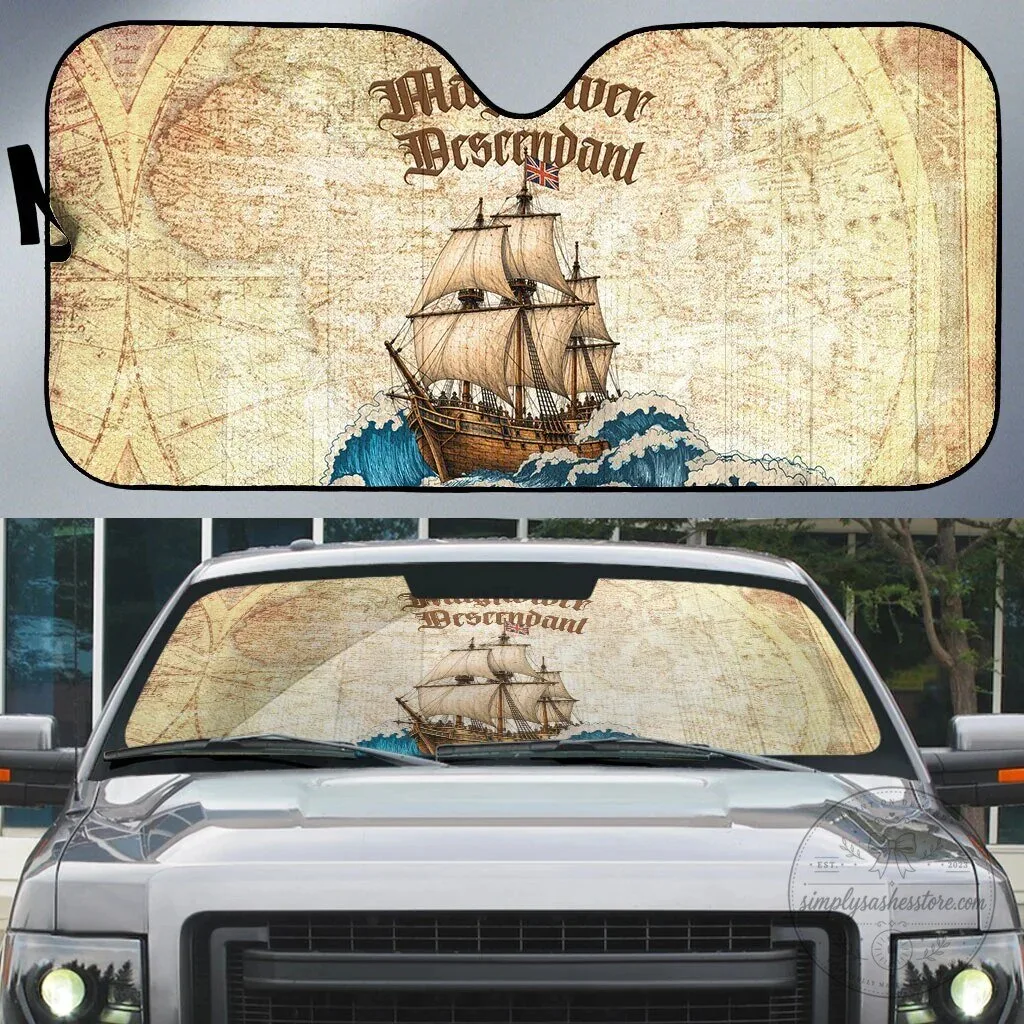 Mayflower Descendant Ship Vintage Nautical Map Ocean Waves Car Sunshade 6 Mayflower Descendant Ship Vintage Nautical Map Ocean Waves Car Sunshade