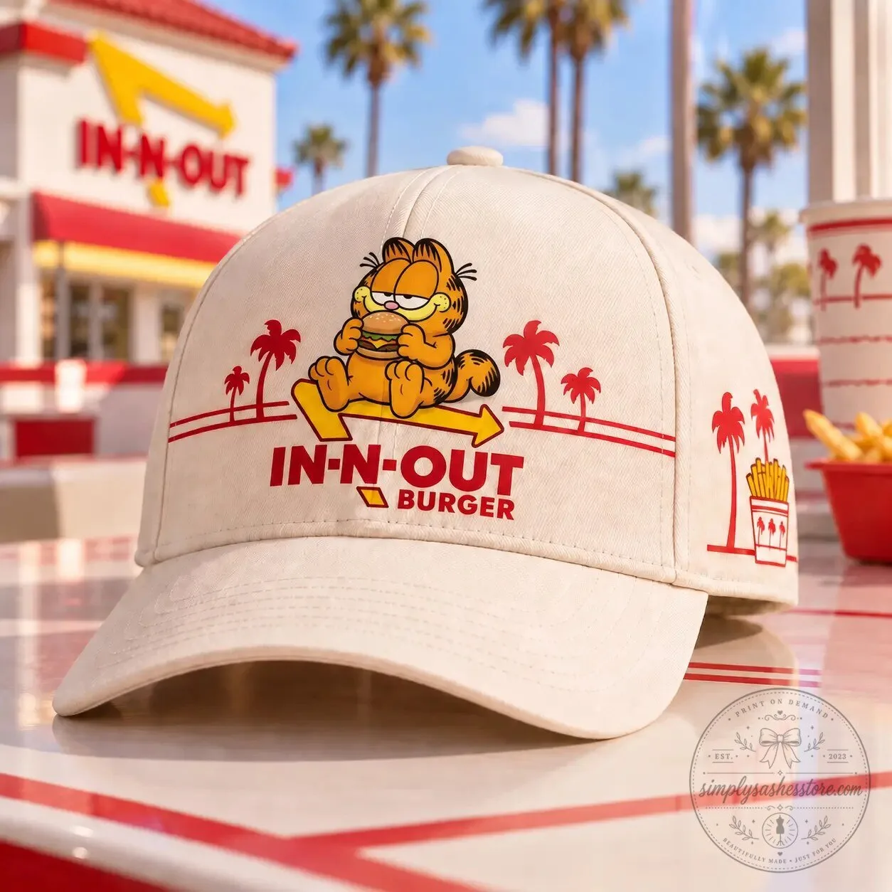 Garfield Eating In-N-Out Burger and Palm Trees Graphic Print Baseball Cap