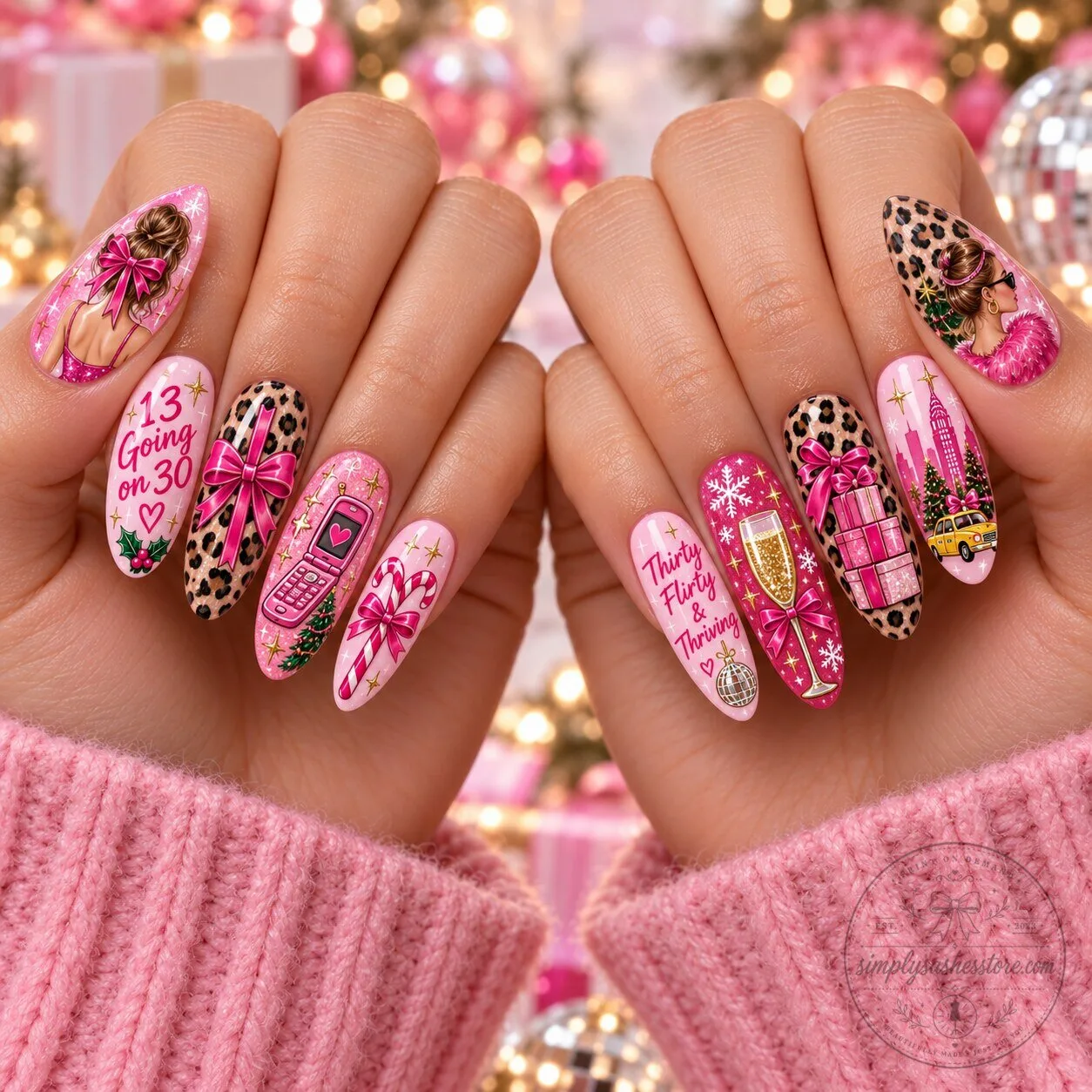 13 Going on 30 Christmas Pink Leopard Print Press On Nails Set