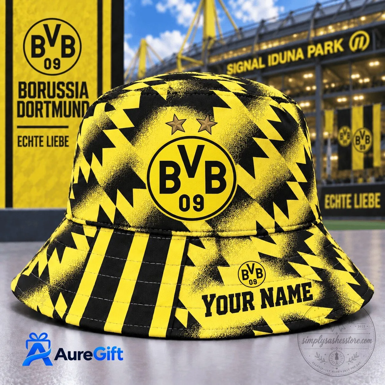 Borussia Dortmund Personalized Name Black And Yellow Pattern Bucket Hat