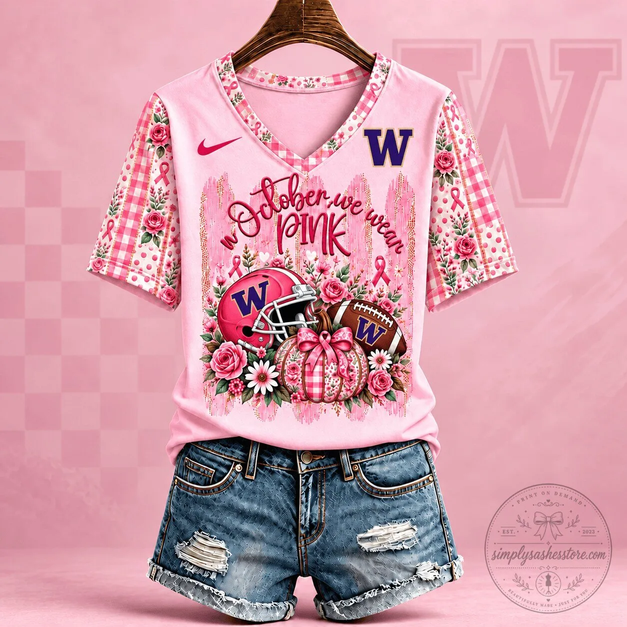 Washington Huskies Football Breast Cancer Awareness Pink Floral T-Shirt 2 Washington Huskies Football Breast Cancer Awareness Pink Floral T-Shirt