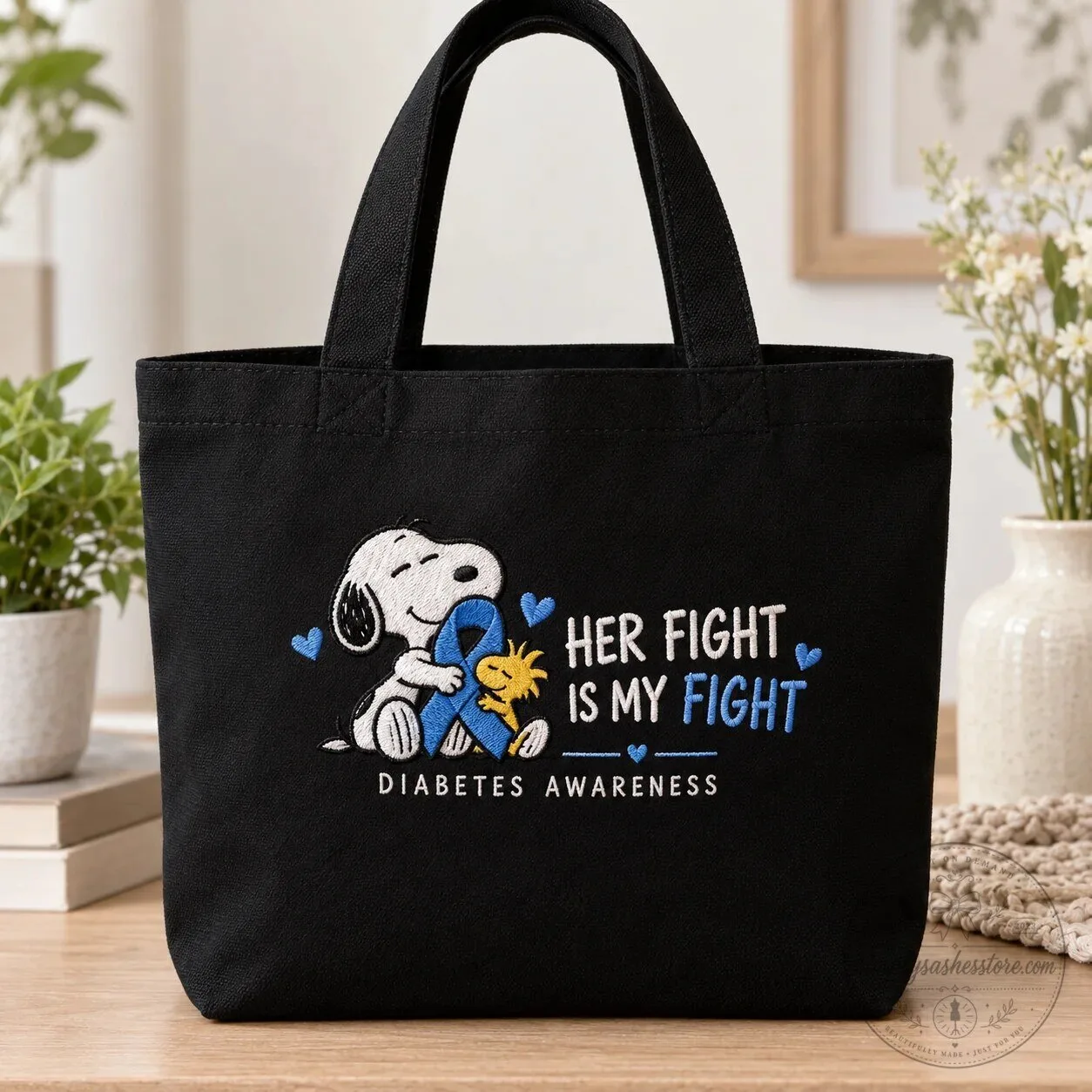 Snoopy Diabetes Awareness Her Fight Is My Fight Embroidered Tote Bag