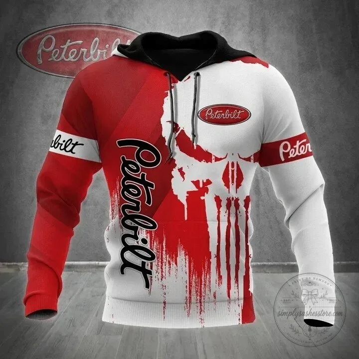 Peterbilt Trucking Company Skull Graphic Design Red and White Hoodie