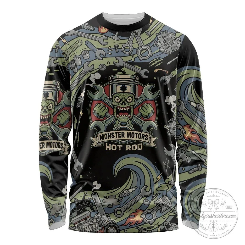 Monster Motors Hot Rod Zombie Mechanic Vintage Auto Tools Long Sleeve Shirt