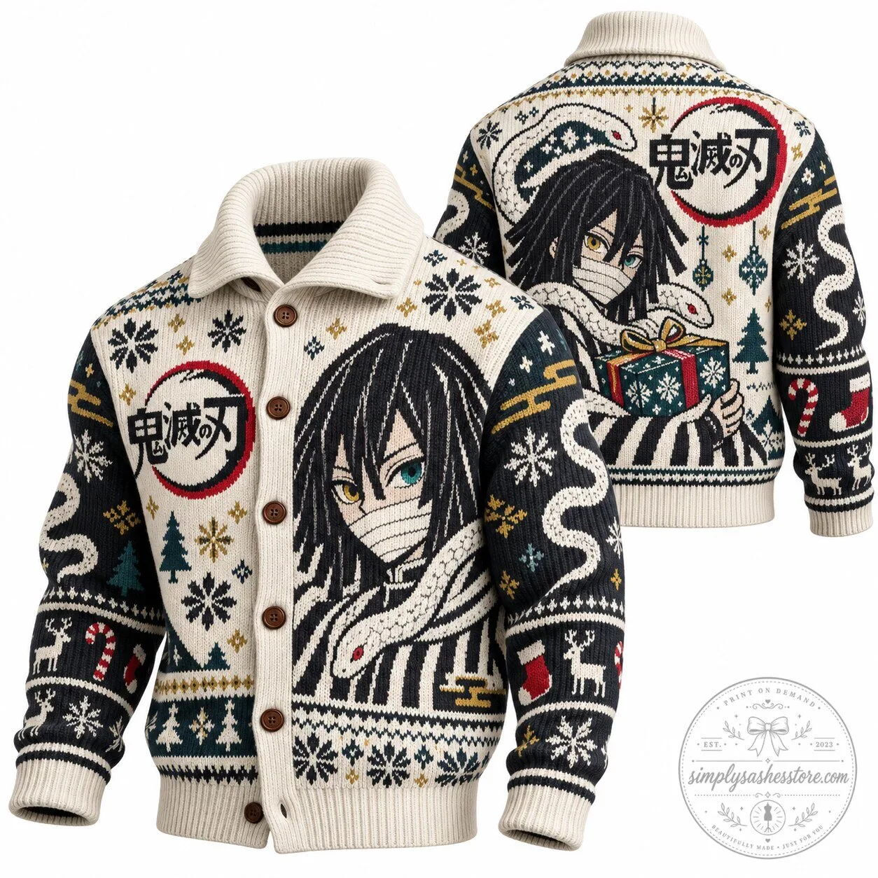 Demon Slayer Obanai Iguro Christmas Holiday Cardigan Sweater