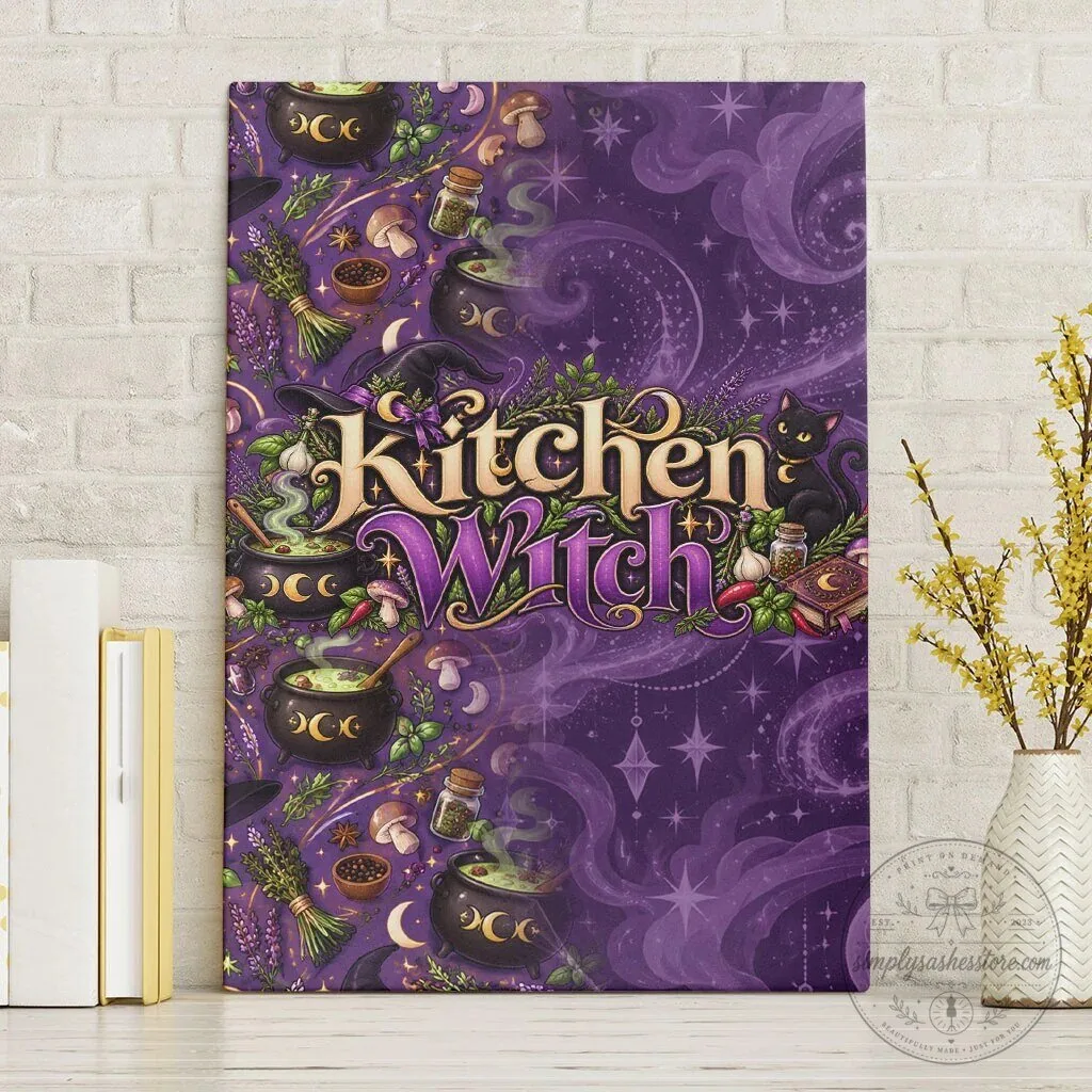 Kitchen Witch Mystical Magic Cauldron and Black Cat Wall Art Canvas Decor
