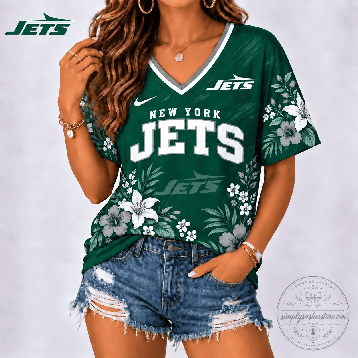 New York Jets Floral Spirit Game Ready V-Neck T-Shirt for Women