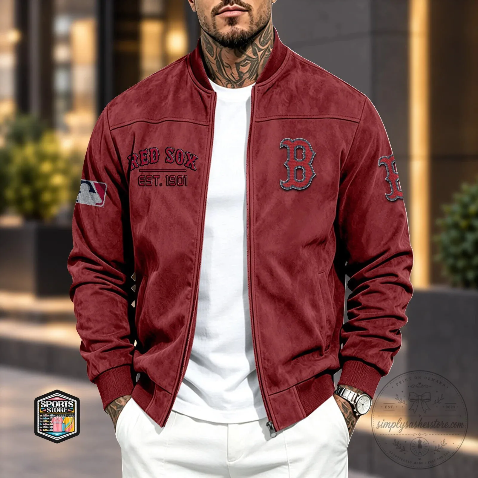 Boston Red Sox Baseball Team Logo Embroidered Red Bomber Jacket