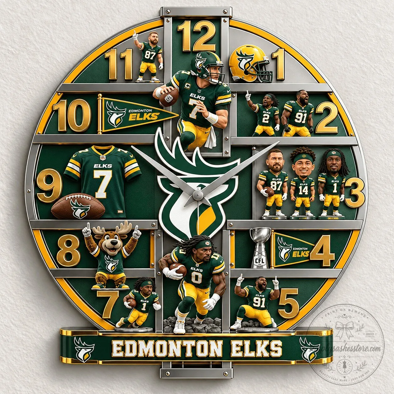 Edmonton Elks Football Team Players and Mascot Wall Clock
