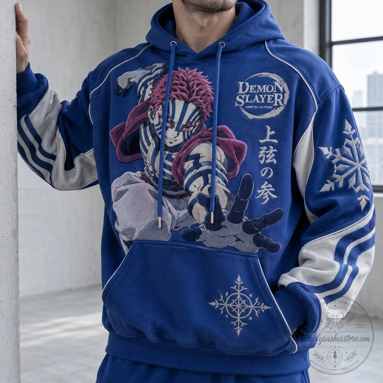 Demon Slayer Akaza Anime Character Blue Hoodie with Snowflake Design