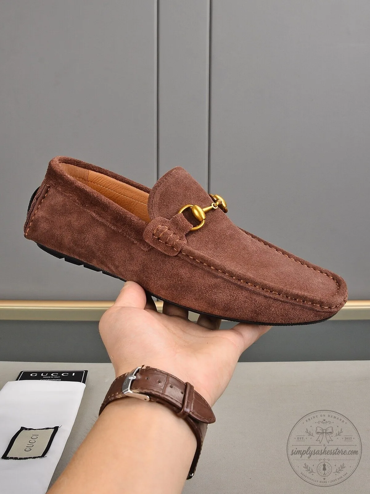 Men's Horsebit Loafer Shoes in Brown Suede by Gucci