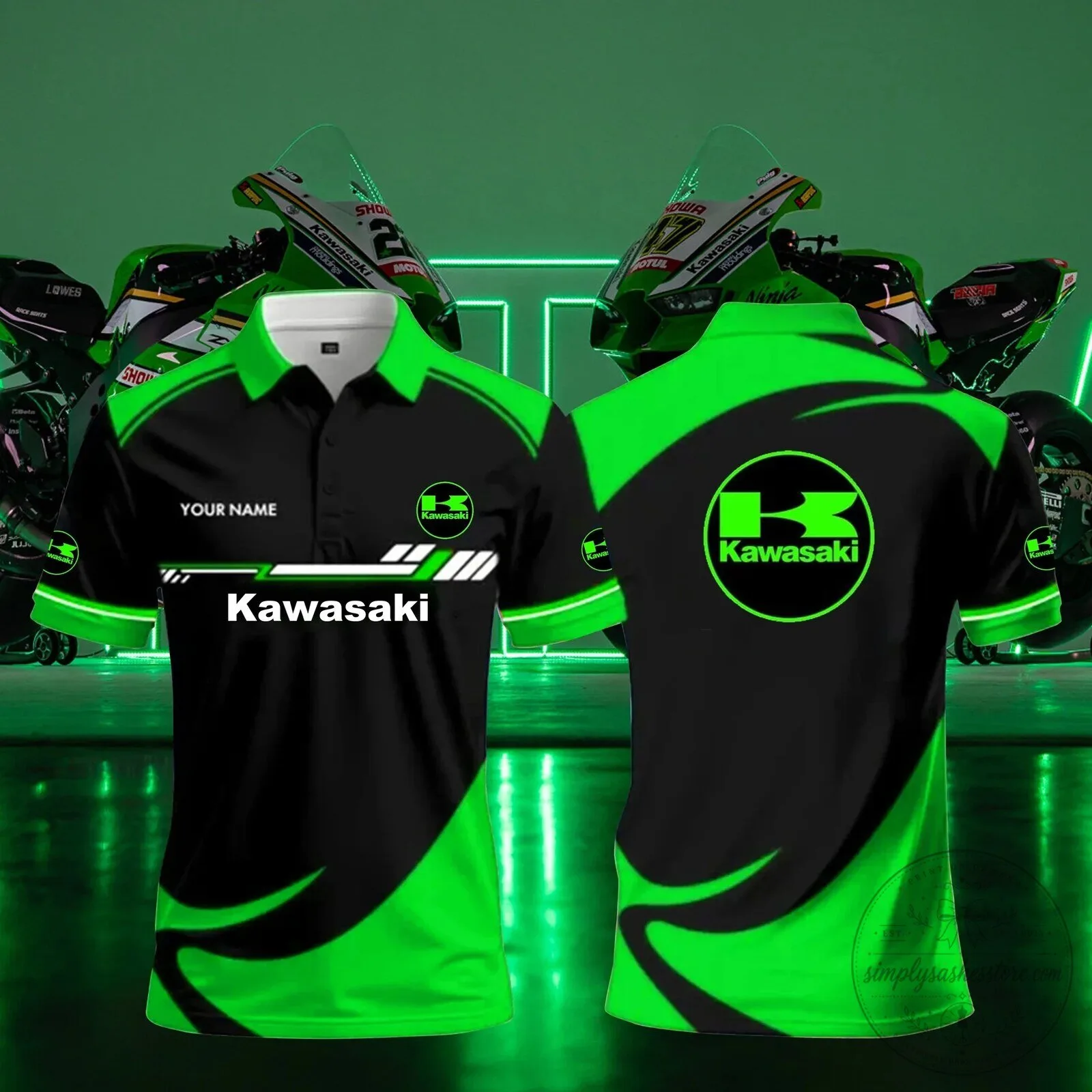 Personalized Kawasaki Racing Team Green and Black Polo Shirt 1 Personalized Kawasaki Racing Team Green and Black Polo Shirt