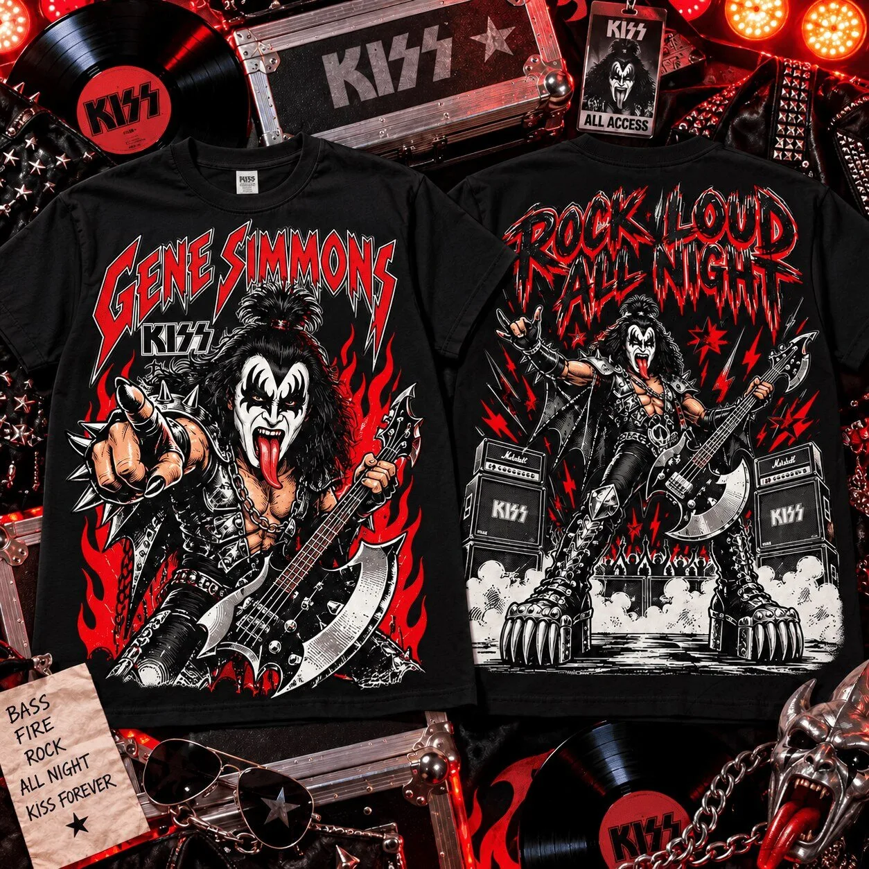 Gene Simmons KISS Rock Loud All Night Demon Bass Guitar T-Shirt