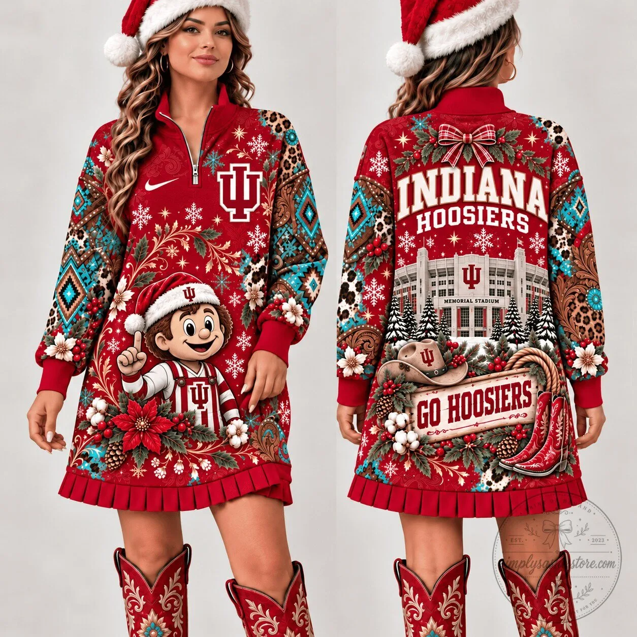 Indiana Hoosiers Christmas Ugly Sweater Style Quarter Zip Sweatshirt Dress
