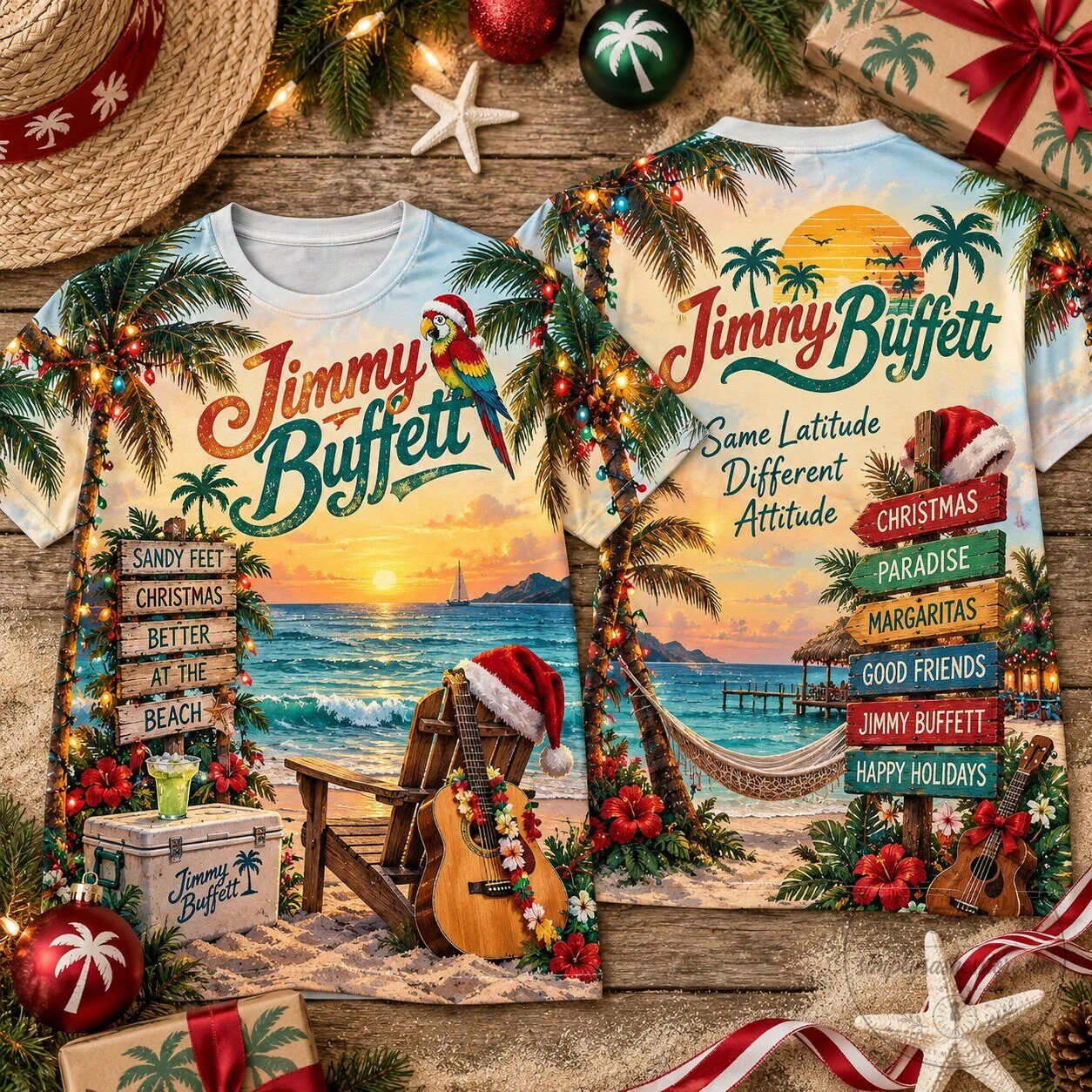 Jimmy Buffett Christmas Paradise Beach Guitar Hawaiian Shirt