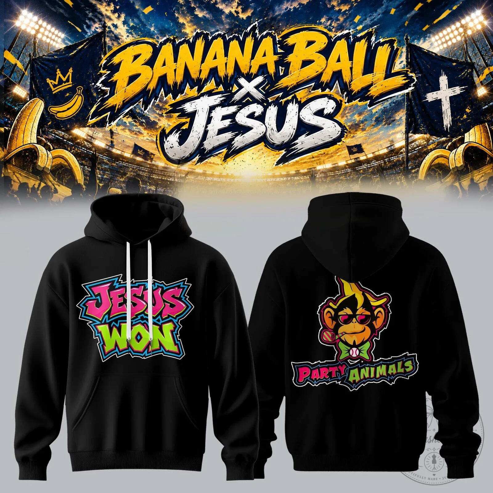 Jesus Won Banana Ball Party Animals Baseball Fan Black Hoodie