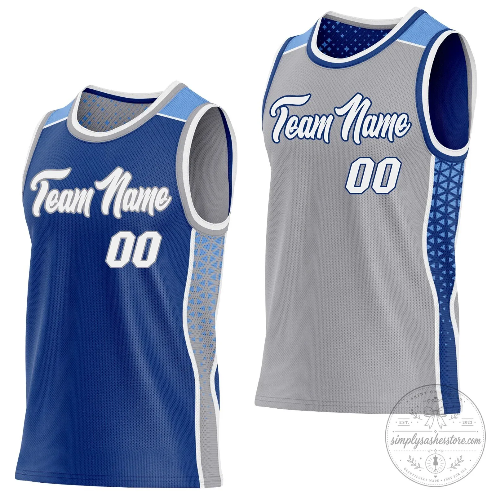 Custom Royal Blue Gray Light Blue Reversible Basketball Jersey with Team Name and Number
