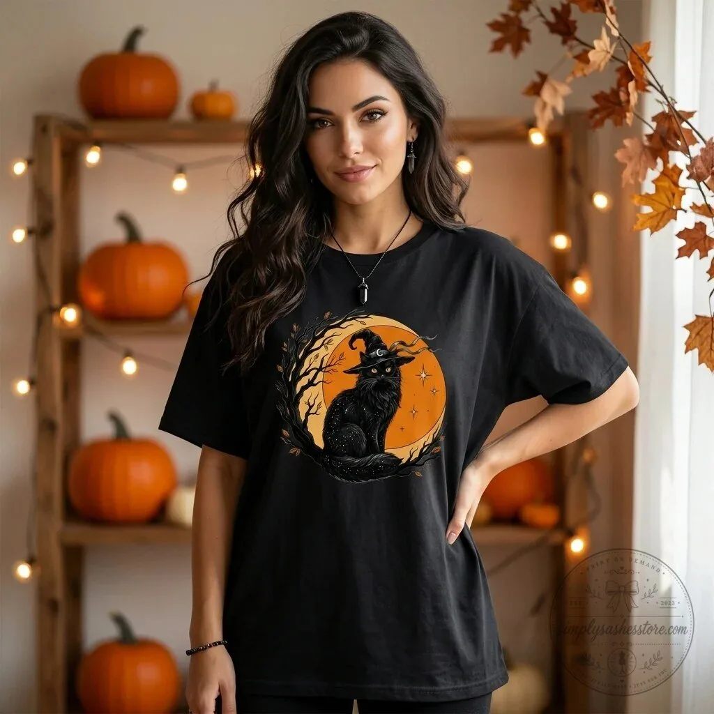 Witchy Black Cat Vintage Moon Halloween Short-Sleeve T-Shirt 4 Witchy Black Cat Vintage Moon Halloween Short-Sleeve T-Shirt