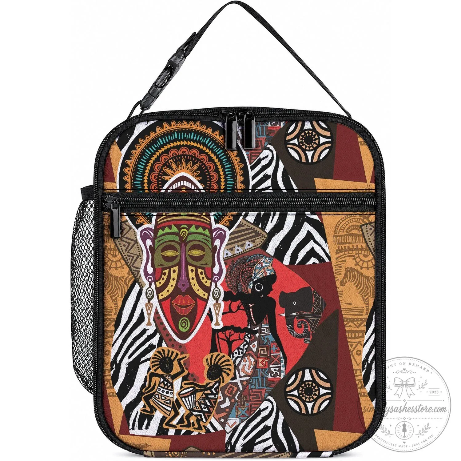 African Ethnic Motifs Insulated Lunch Bag with Tribal Art Design