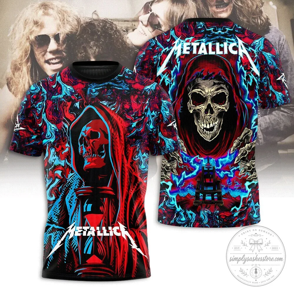 Metallica Band Skull Hourglass Lightning Rock Music Graphic T-Shirt