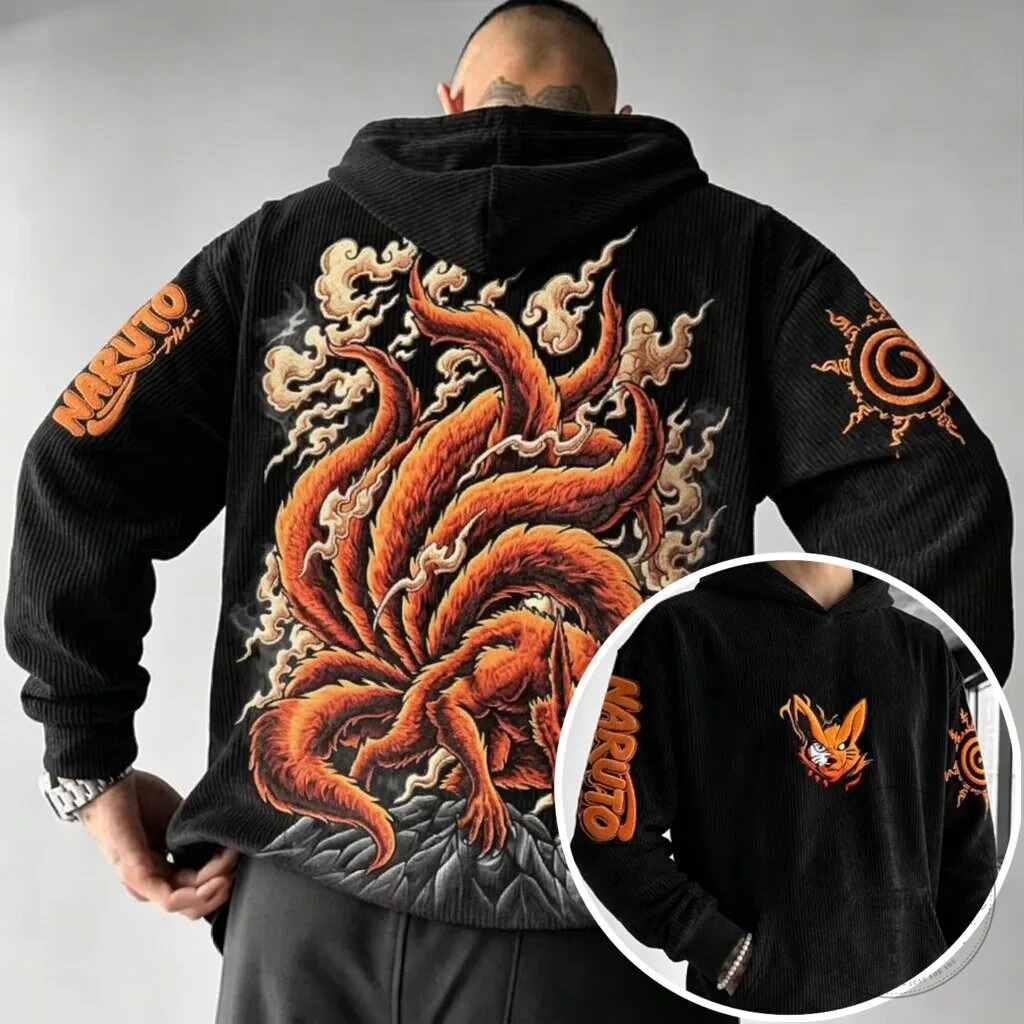 Naruto Shippuden Nine-Tailed Fox Kurama Graphic Print Black Corduroy Hoodie 5 Naruto Shippuden Nine-Tailed Fox Kurama Graphic Print Black Corduroy Hoodie