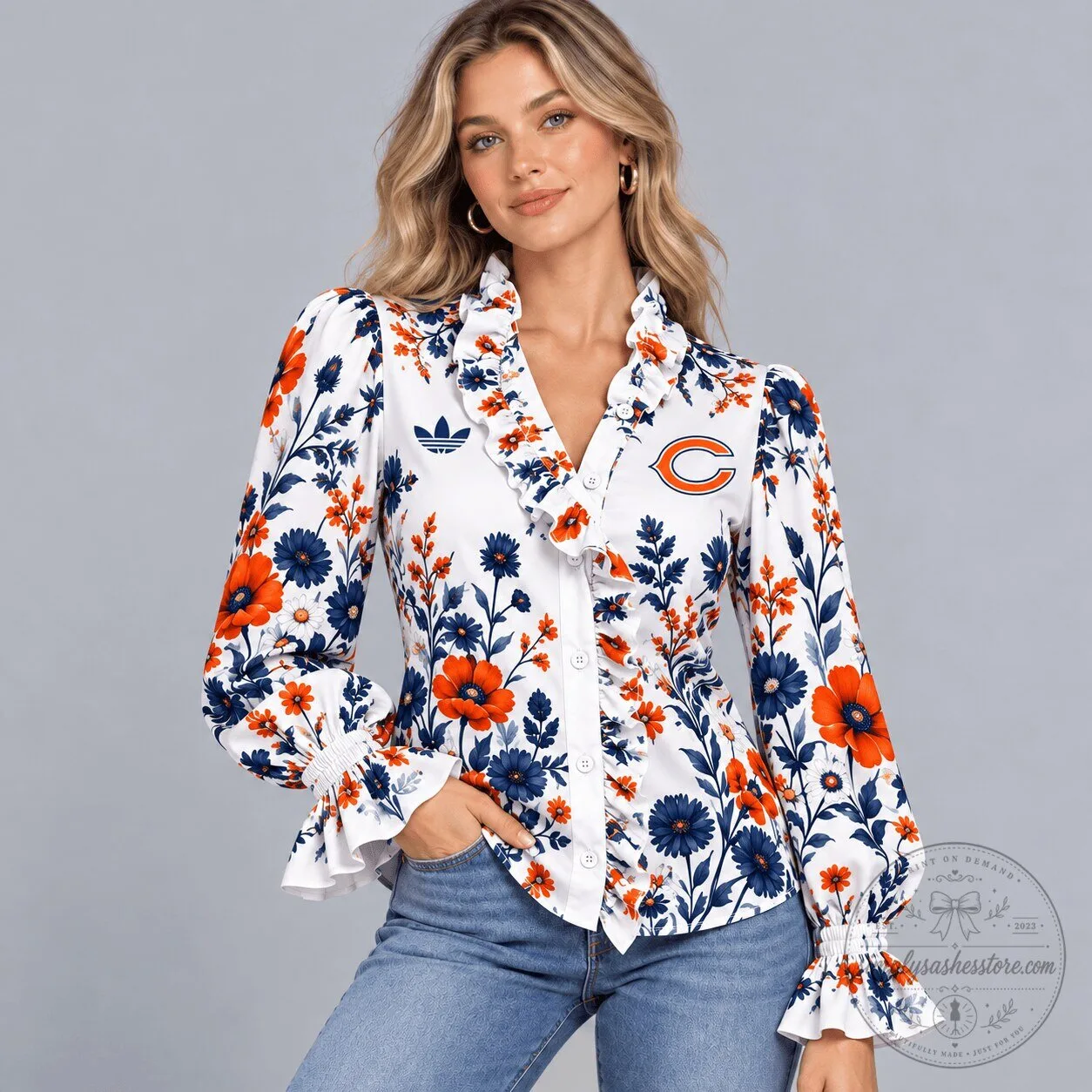 Chicago Bears NFL Floral Ruffle Neck Long Sleeve Button Down Blouse